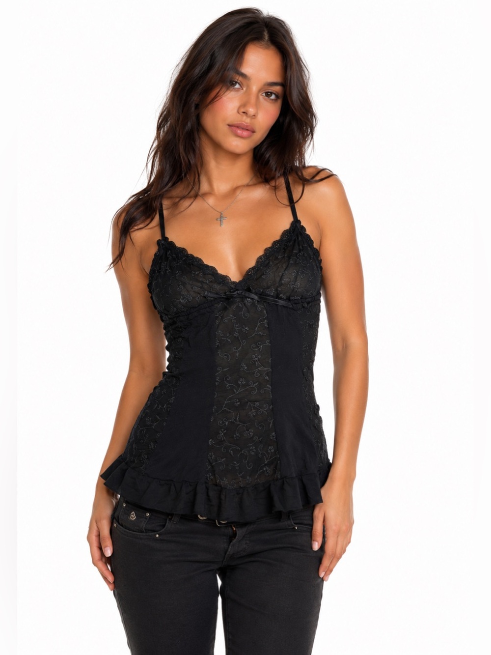 90s European Vintage Floral Embroidered Mesh Babydoll Cami Slip (Black) Size M